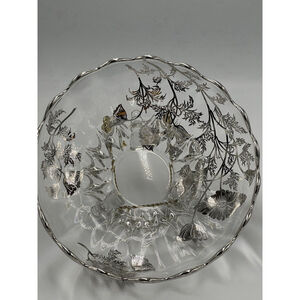 Vtg Art Deco Clear Glass Centerpiece Fruit Footed Bowl Silver Floral Accents MCM